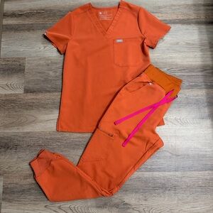 Figs Orange Jogger Set with Bright Pink Accents